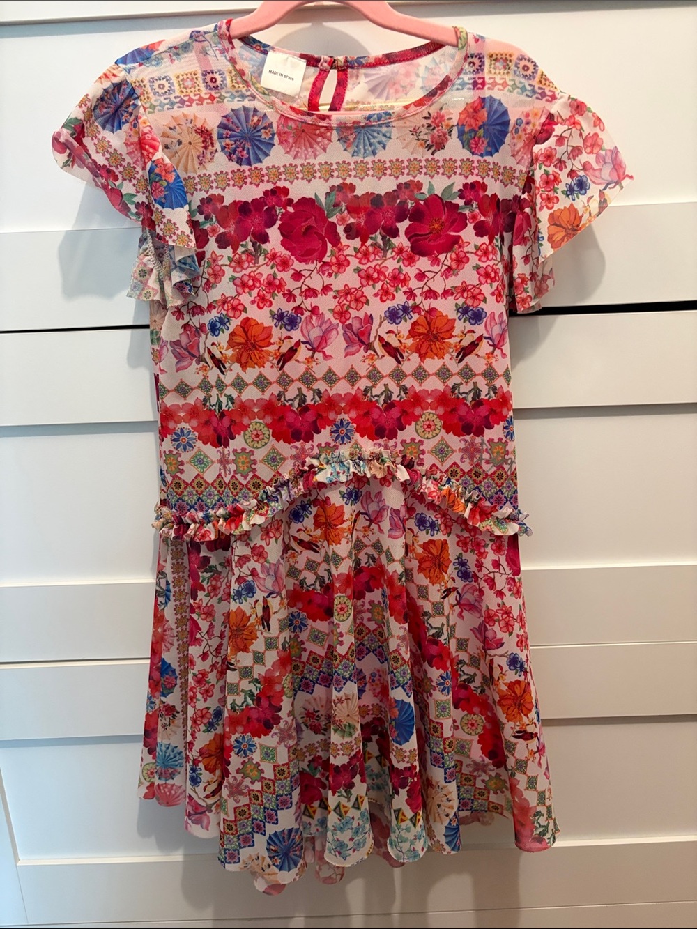 Desigual Multicolor Floral Ruffle Casual Dress in Pink and Red
